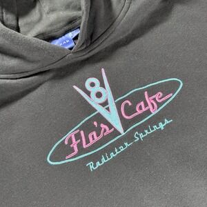 Disney Pixar Flo's V8 Cafe Hoodie Women MD Black Cropped Cars Radiator Springs